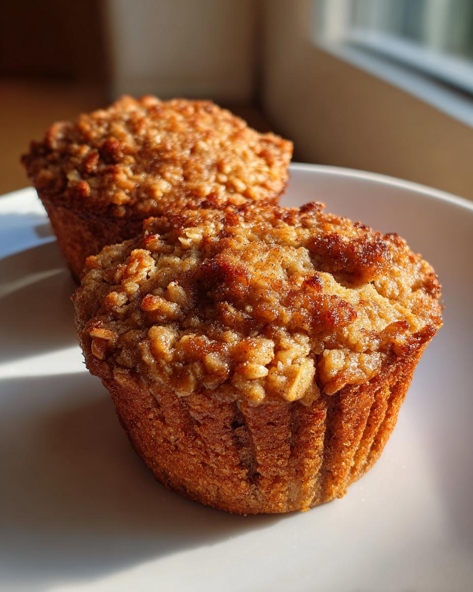 Two golden-brown cinnamon apple oatmeal muffins on a white plate, with a textured crumb topping.