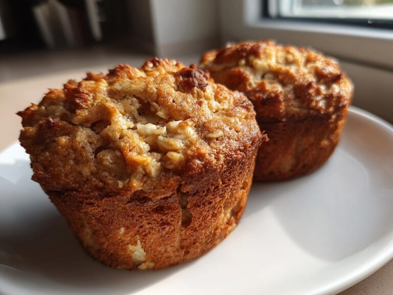 Two golden brown cinnamon apple oatmeal muffins on a white plate, with a focus on the textured top of the muffin in the foreground.