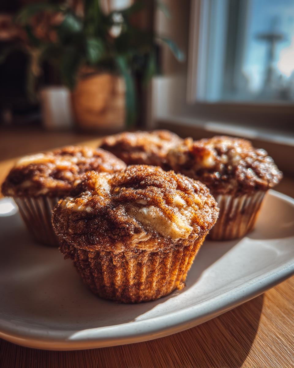 Close-up of four freshly baked cinnamon apple oatmeal muffins on a white plate, with a cozy background.