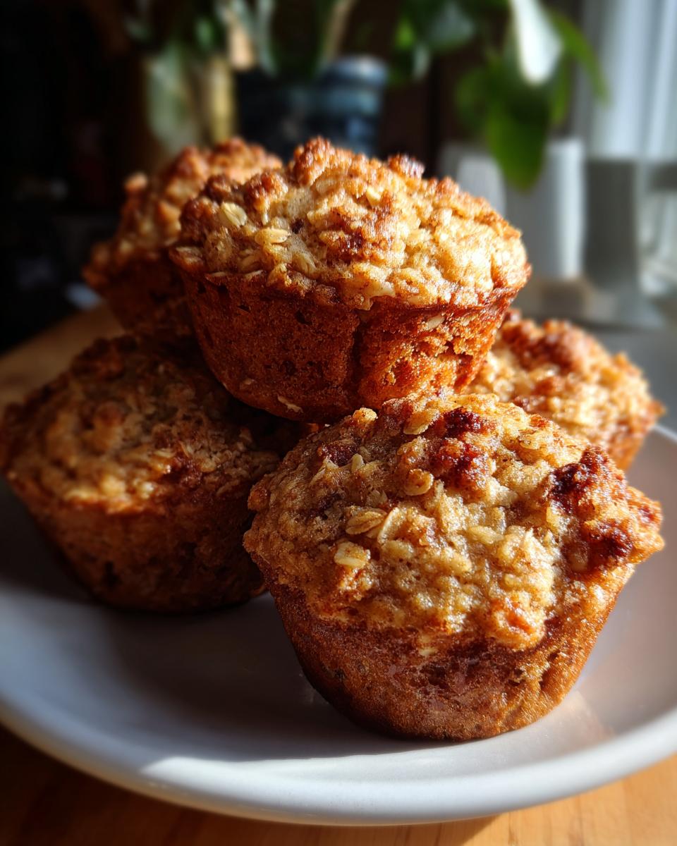 A stack of golden brown cinnamon apple oatmeal muffins with a crunchy oat topping on a white plate.
