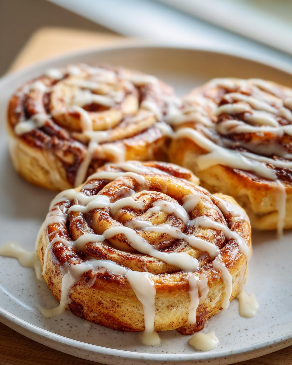Three fluffy cinnamon roll pancakes drizzled with white glaze on a speckled plate.