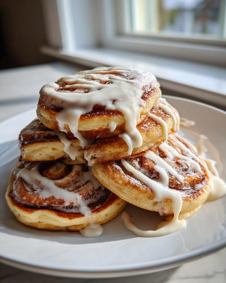 A stack of fluffy cinnamon roll pancakes drizzled with a creamy white glaze.