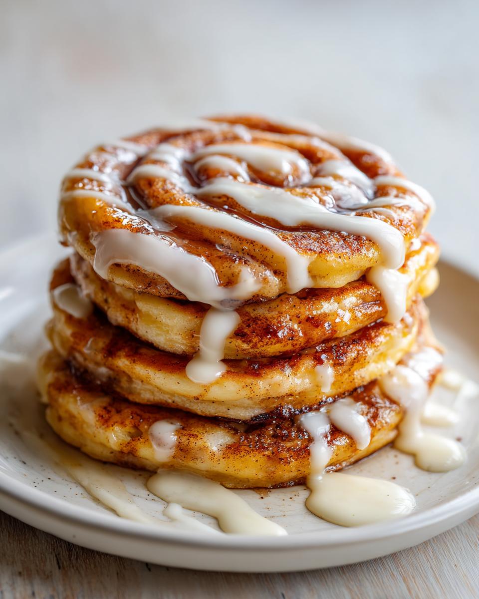 A stack of fluffy cinnamon roll pancakes drizzled with white icing.