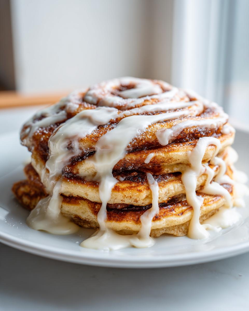 A stack of fluffy cinnamon roll pancakes drizzled with white icing and dusted with powdered sugar.