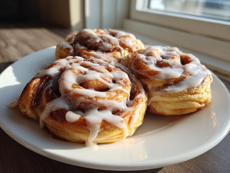 Three fluffy cinnamon roll pancakes drizzled with white icing on a white plate.