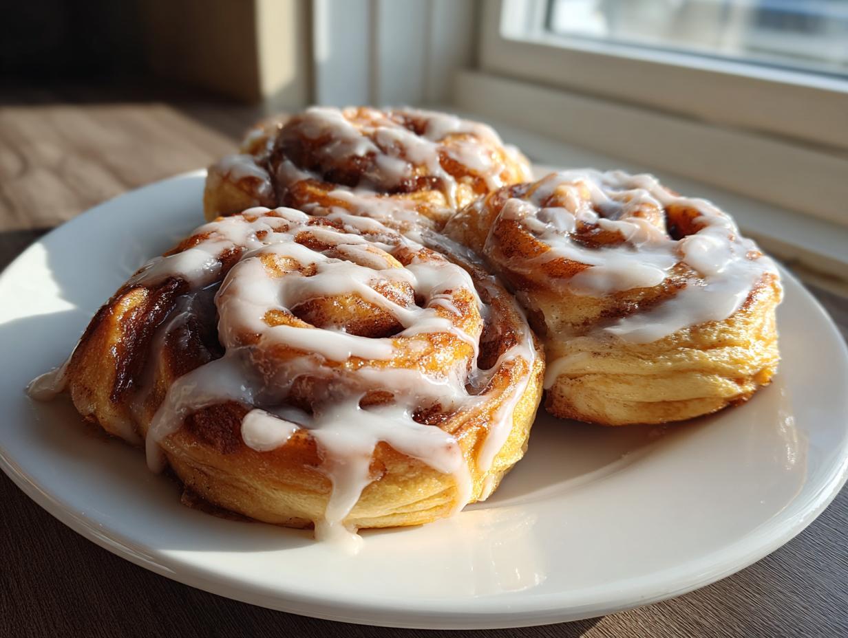 Three fluffy cinnamon roll pancakes drizzled with white icing on a white plate.