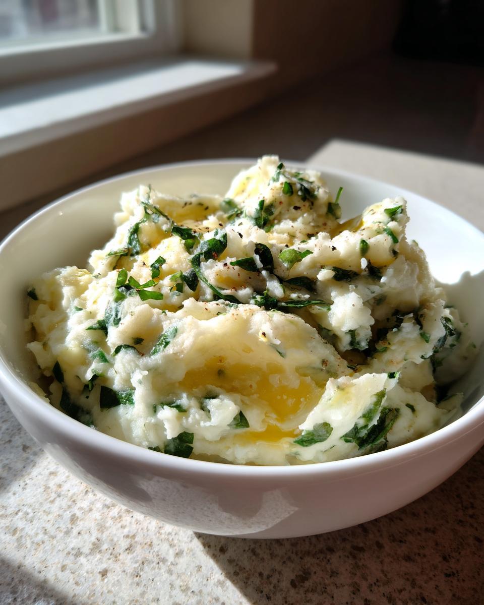 A white bowl filled with creamy colcannon potatoes, topped with melted butter and fresh parsley.