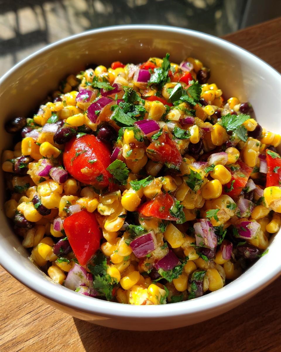 A vibrant bowl of corn and black bean salad with chopped red onion, tomatoes, and cilantro.