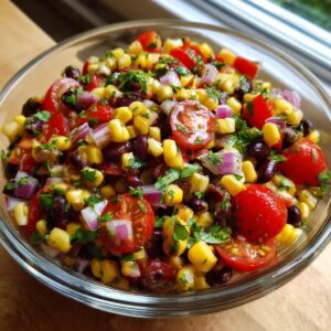 A close-up shot of a vibrant corn and black bean salad in a glass bowl, featuring corn, black beans, cherry tomatoes, red onion, and parsley.