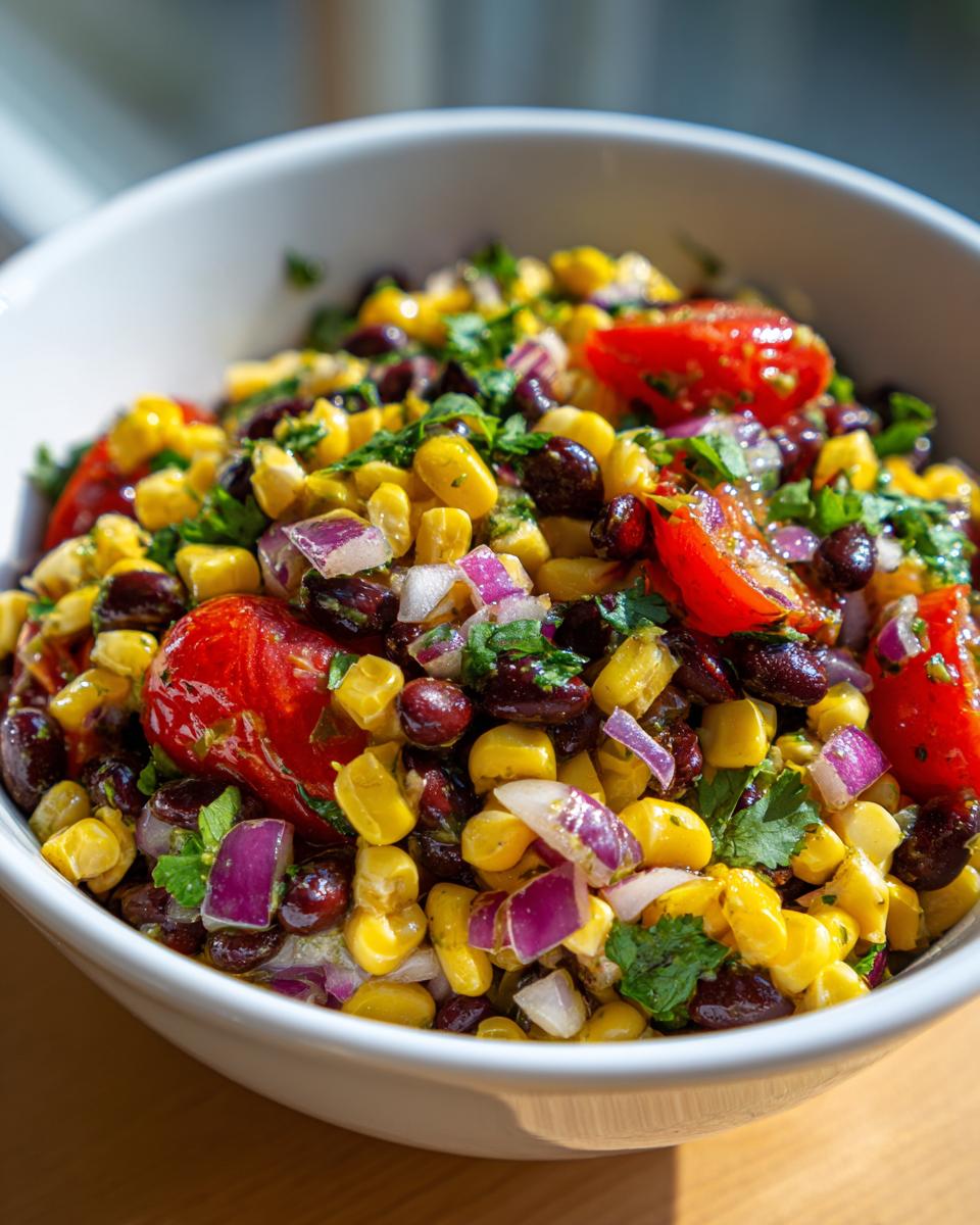 Close-up of a vibrant corn and black bean salad in a white bowl, featuring corn, black beans, cherry tomatoes, red onion, and cilantro.