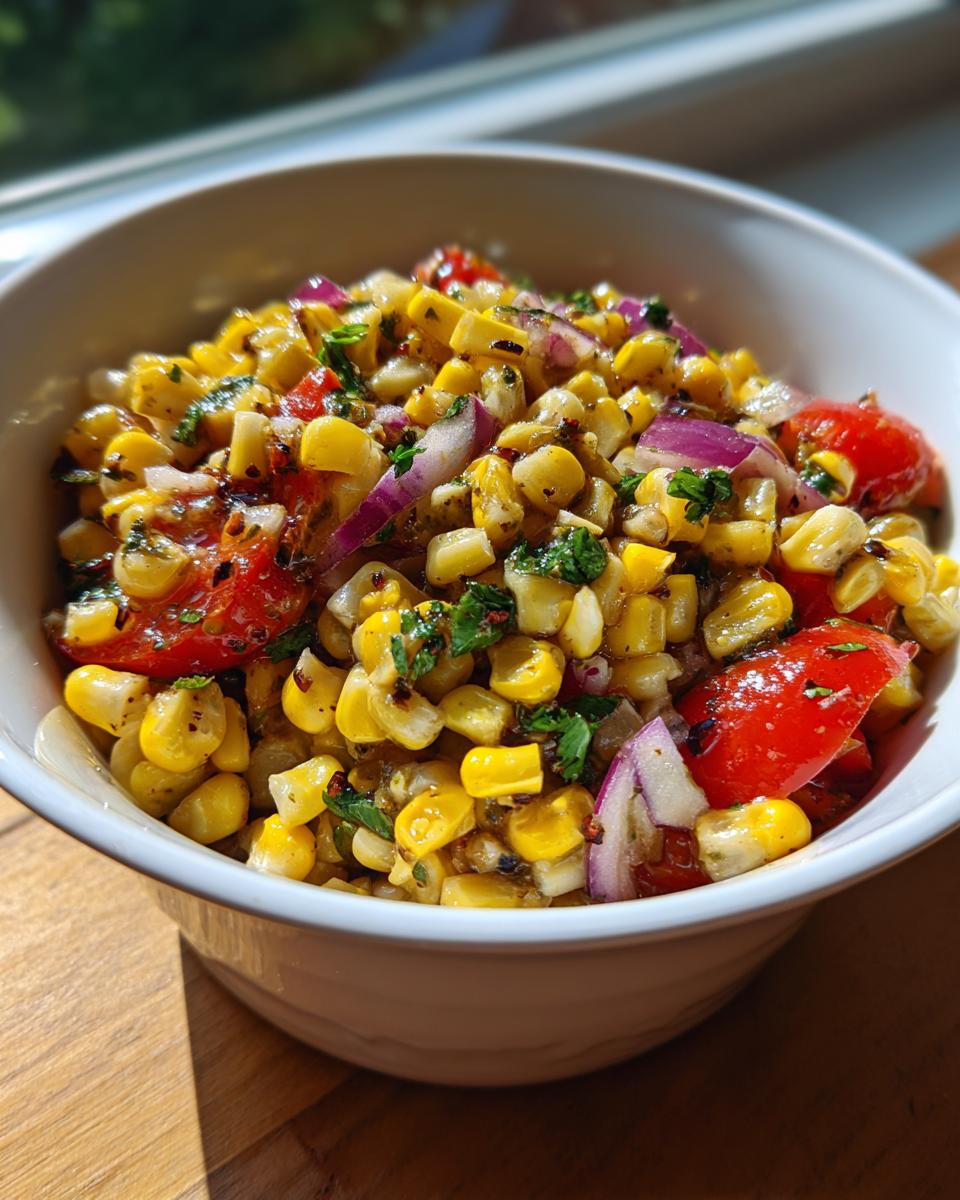 A close-up of a bowl filled with a vibrant corn and black bean salad, featuring corn, tomatoes, red onion, and cilantro.