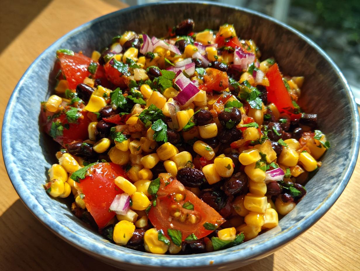 A close-up of a vibrant corn and black bean salad in a rustic bowl, featuring corn, black beans, tomatoes, red onion, and cilantro.