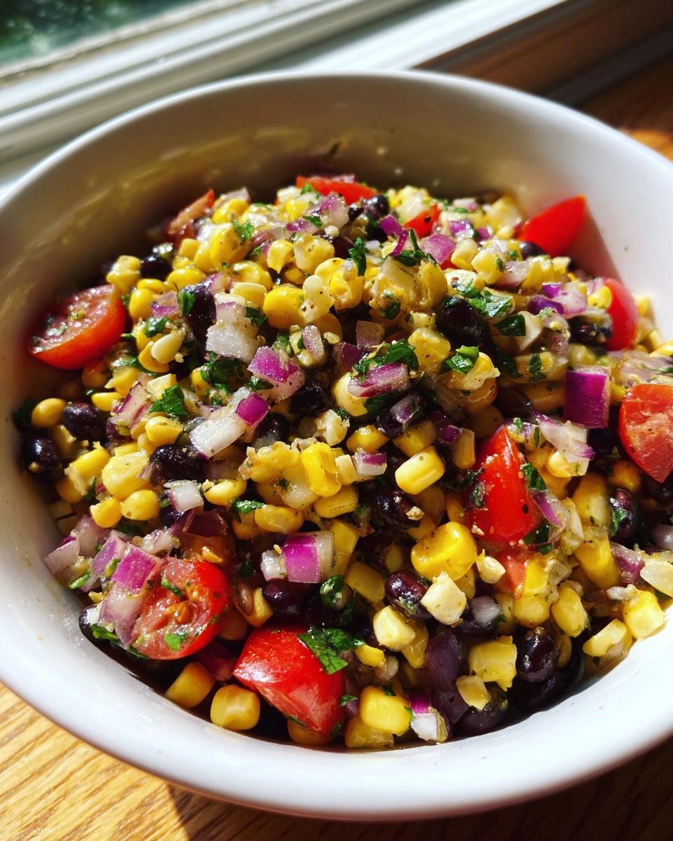 Close-up of a vibrant corn and black bean salad with tomatoes and red onion.