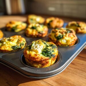 Close-up of freshly baked Cottage Cheese Egg Cups with Spinach & Feta in a muffin tin.
