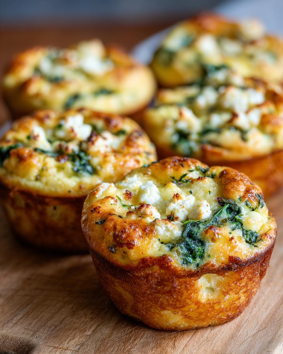Close-up of golden-brown Cottage Cheese Egg Cups With Spinach & Feta on a wooden board.