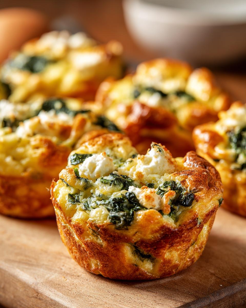 Close-up of delicious Cottage Cheese Egg Cups with Spinach & Feta on a wooden board.