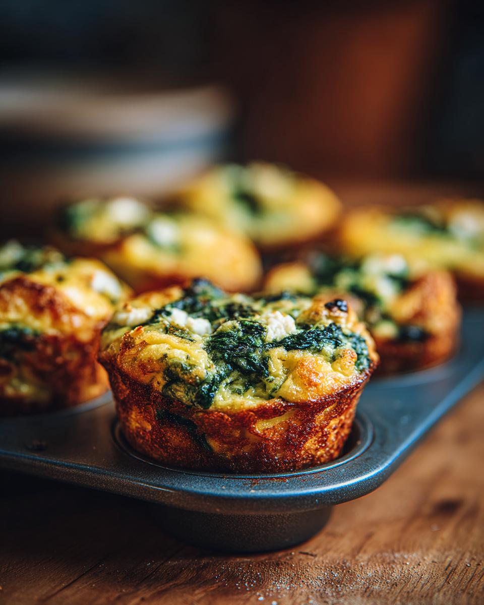 Close-up of golden-brown Cottage Cheese Egg Cups With Spinach & Feta in a muffin tin.