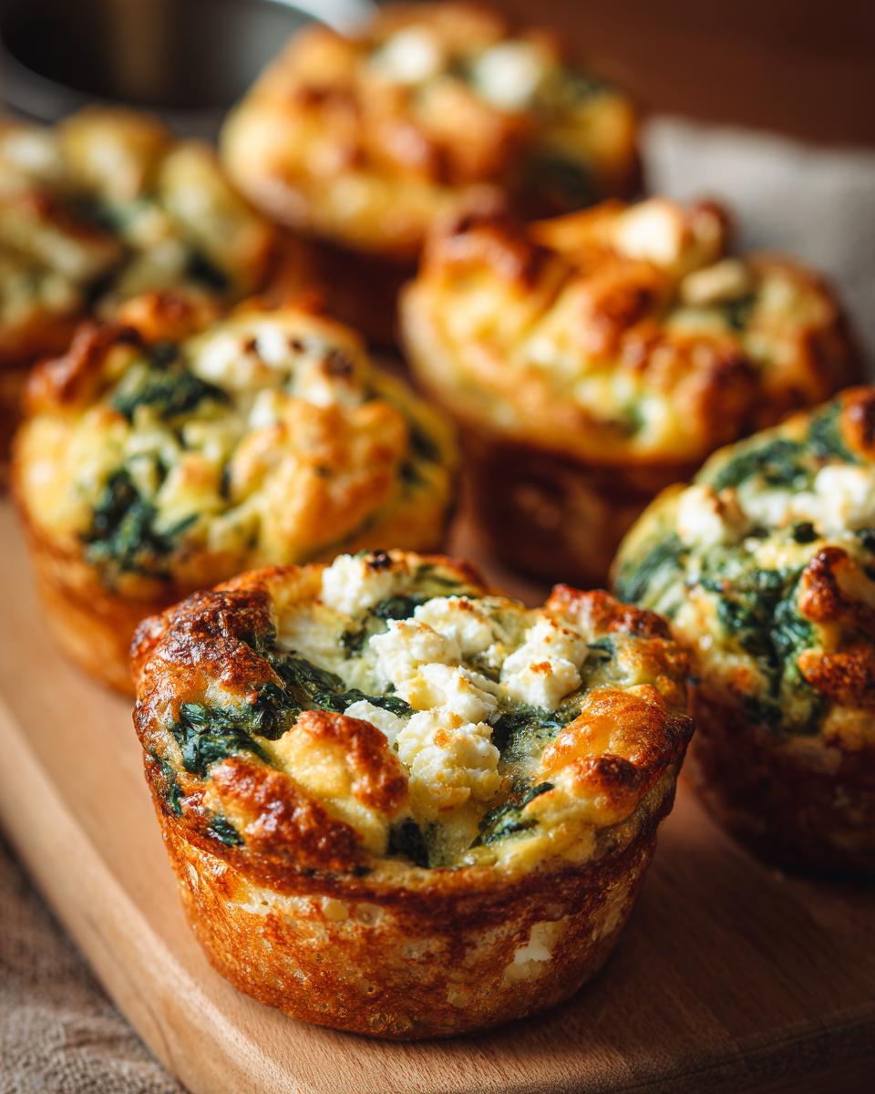 Close-up of golden-brown Cottage Cheese Egg Cups with Spinach & Feta on a wooden board.