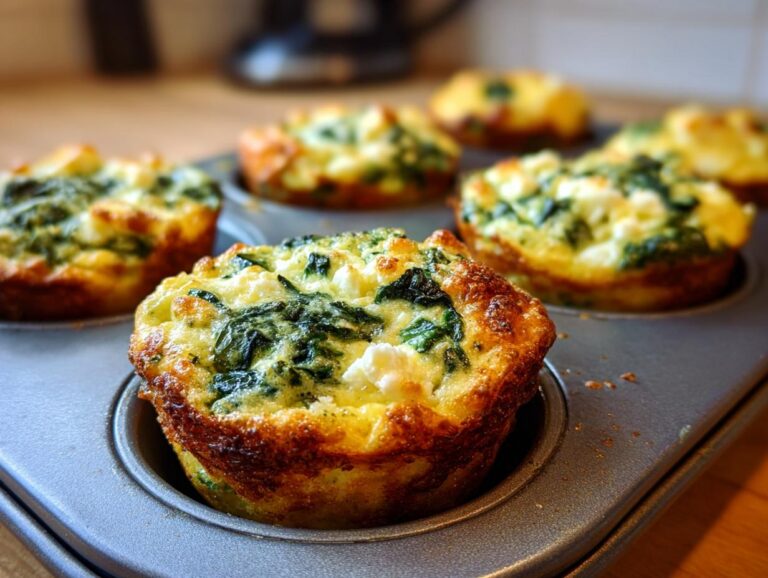 Close-up of freshly baked Cottage Cheese Egg Cups With Spinach & Feta in a muffin tin.