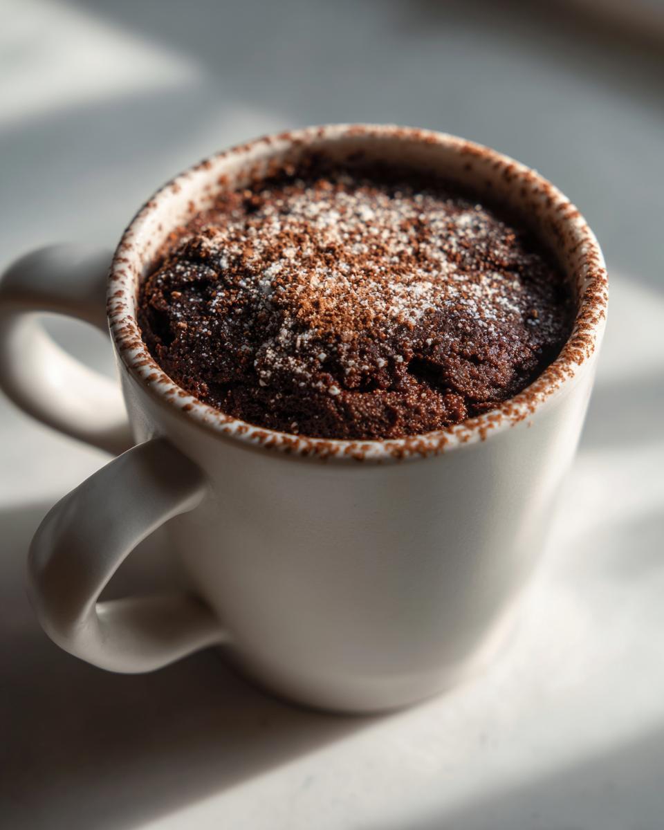 A delicious Cottage Cheese Microwave Brownie dusted with powdered sugar in a white mug.