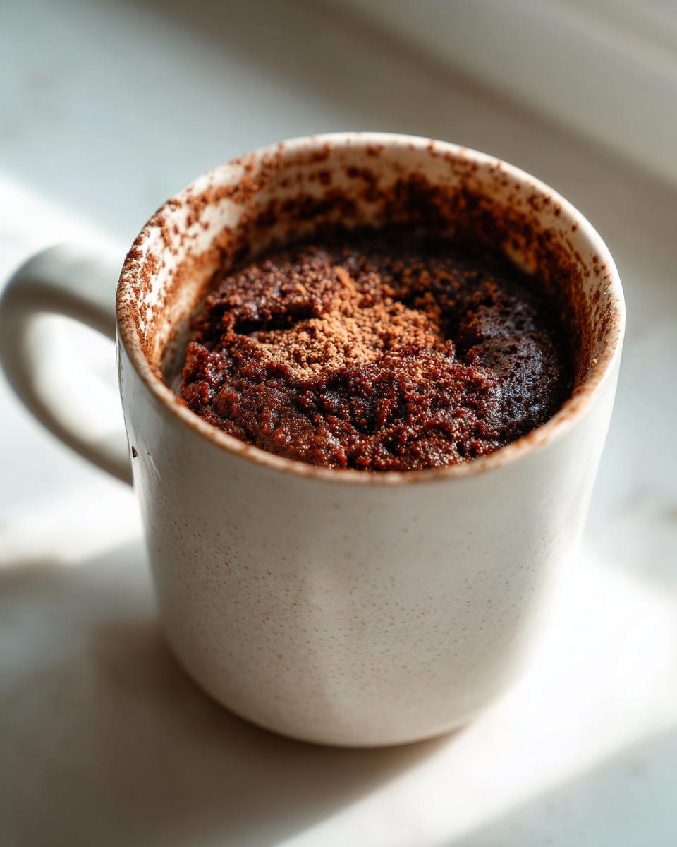 A close-up of a delicious Cottage Cheese Microwave Brownie dusted with cocoa powder, served in a white mug.