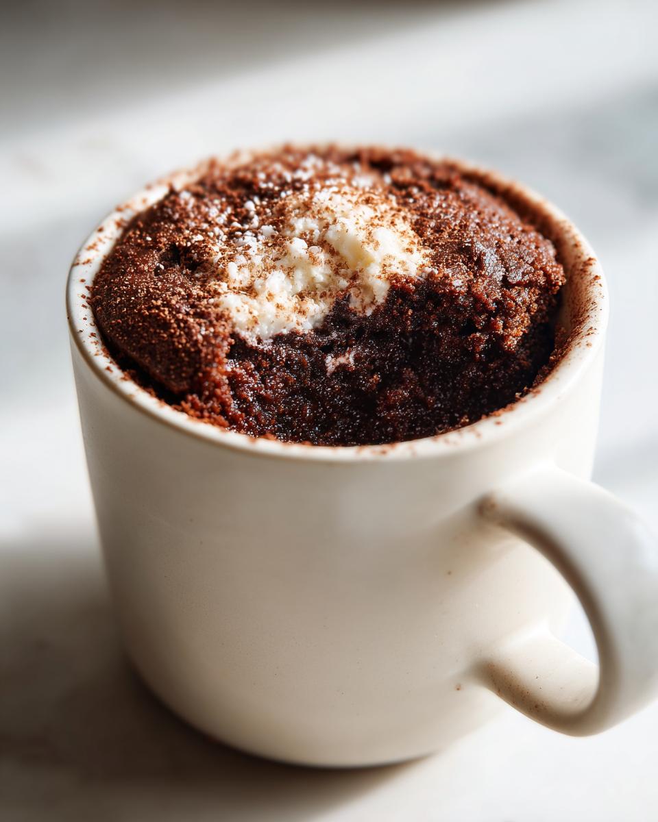 A close-up of a decadent Cottage Cheese Microwave Brownie in a mug, topped with a dollop of creamy filling and cocoa powder.