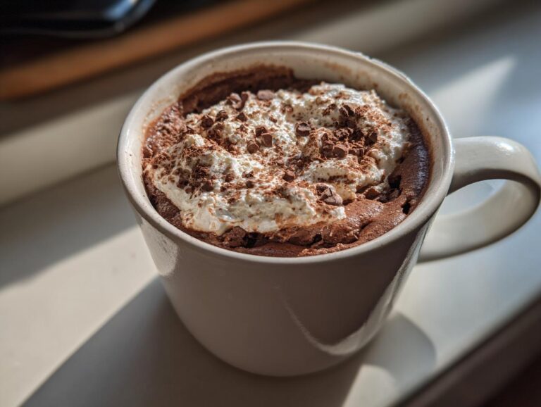 A close-up of a Cottage Cheese Microwave Brownie topped with whipped cream and chocolate shavings in a white mug.