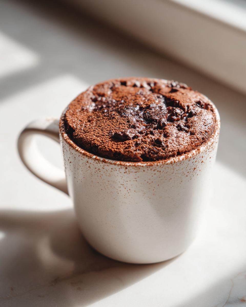 A close-up of a decadent Cottage Cheese Microwave Brownie dusted with cocoa powder and chocolate chips in a mug.
