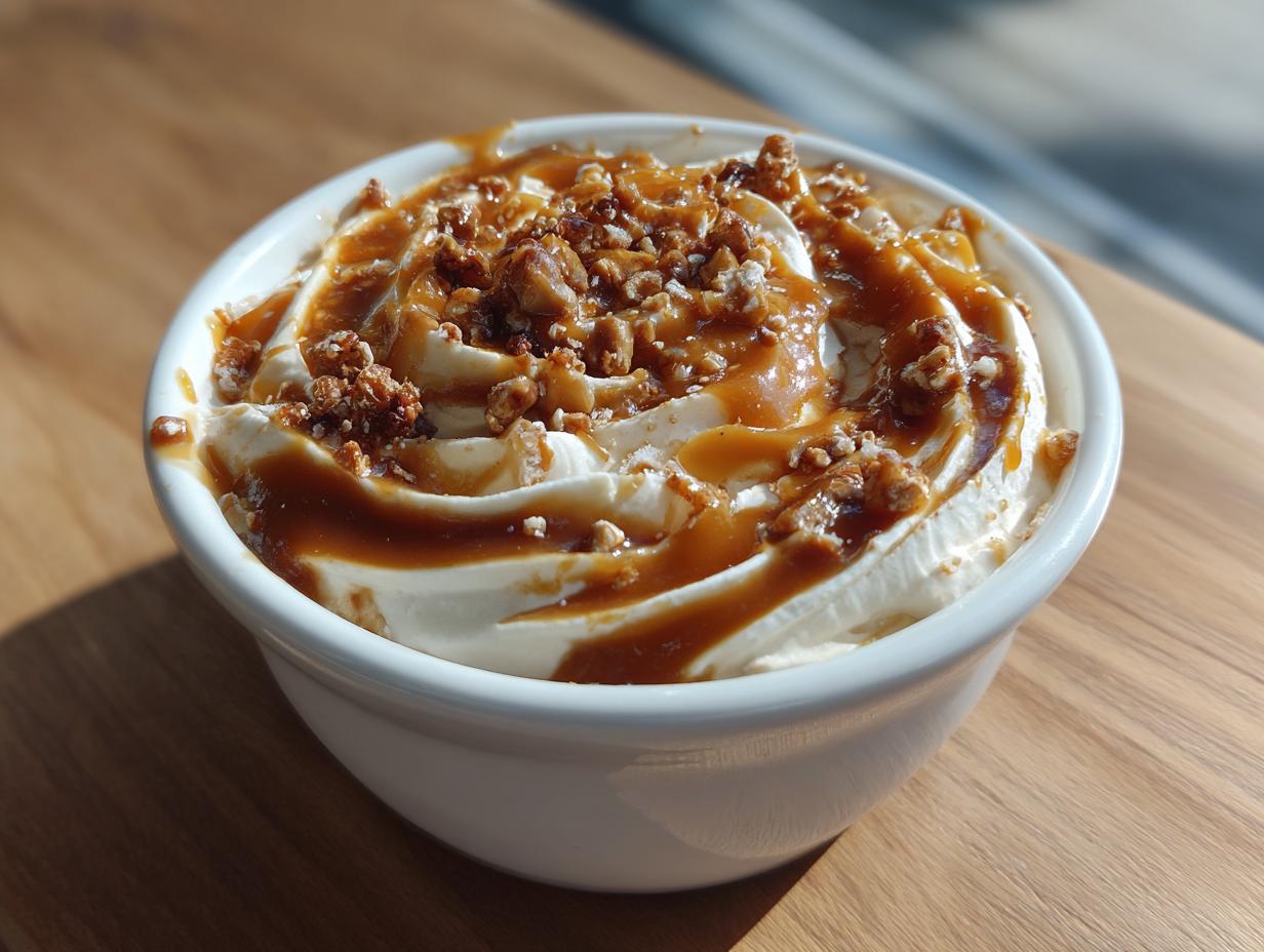 A close-up of a white bowl filled with creamy cream cheese caramel dip, drizzled with caramel sauce and topped with chopped nuts.