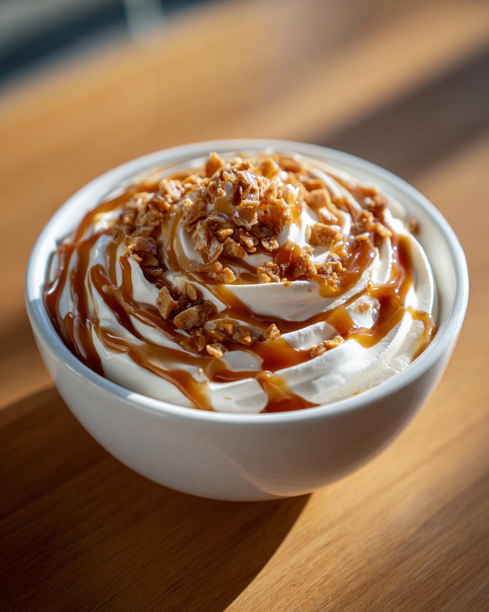 A close-up of a white bowl filled with fluffy cream cheese caramel dip, drizzled with caramel sauce and topped with crunchy bits.