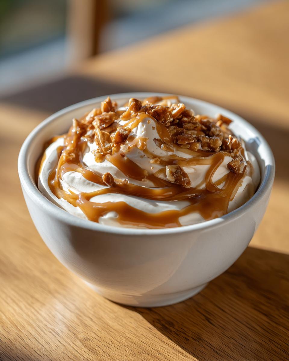 A close-up of a white bowl filled with cream cheese caramel dip, drizzled with caramel and topped with chopped nuts.