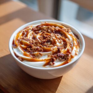 A close-up of a white bowl filled with creamy cream cheese caramel dip, drizzled with caramel sauce and sprinkled with crunchy toppings.