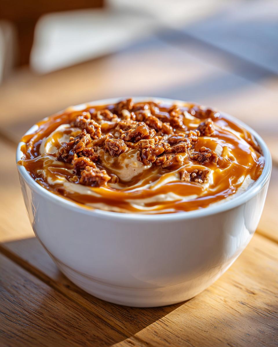 A close-up of a white bowl filled with creamy cream cheese caramel dip, drizzled with caramel and topped with crunchy pieces.