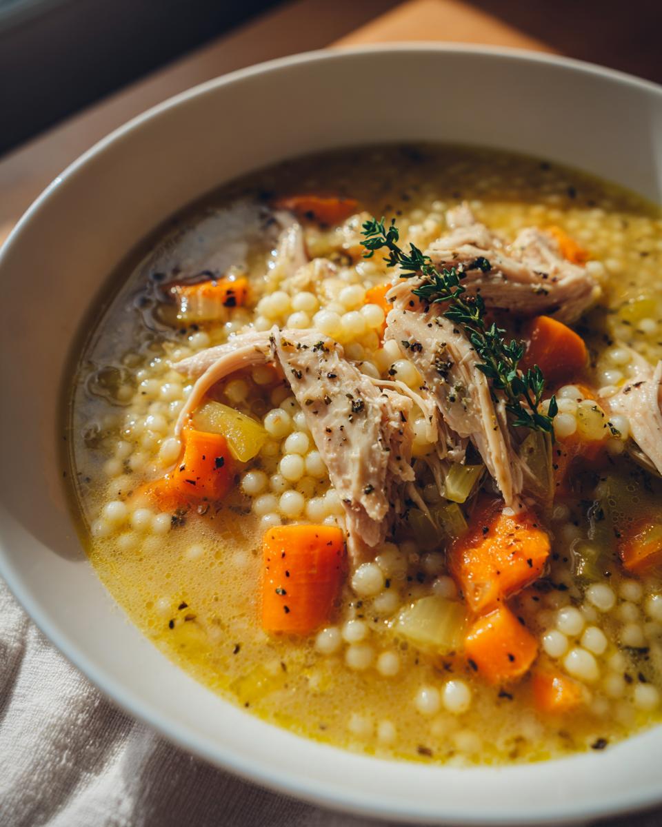 A close-up of a bowl of creamy chicken pearl couscous soup with shredded chicken, carrots, and herbs.