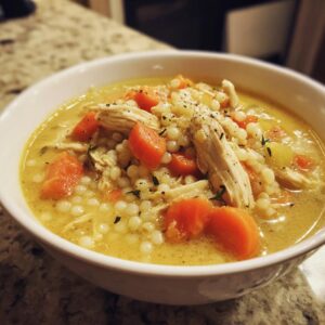 A close-up of a white bowl filled with creamy chicken pearl couscous soup, featuring tender chicken, diced carrots, and pearl couscous.