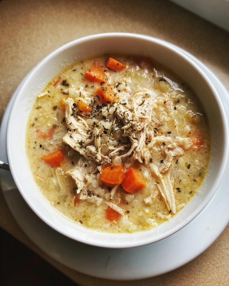 A close-up of a white bowl filled with creamy chicken pearl couscous soup, featuring shredded chicken, diced carrots, and pearl couscous.