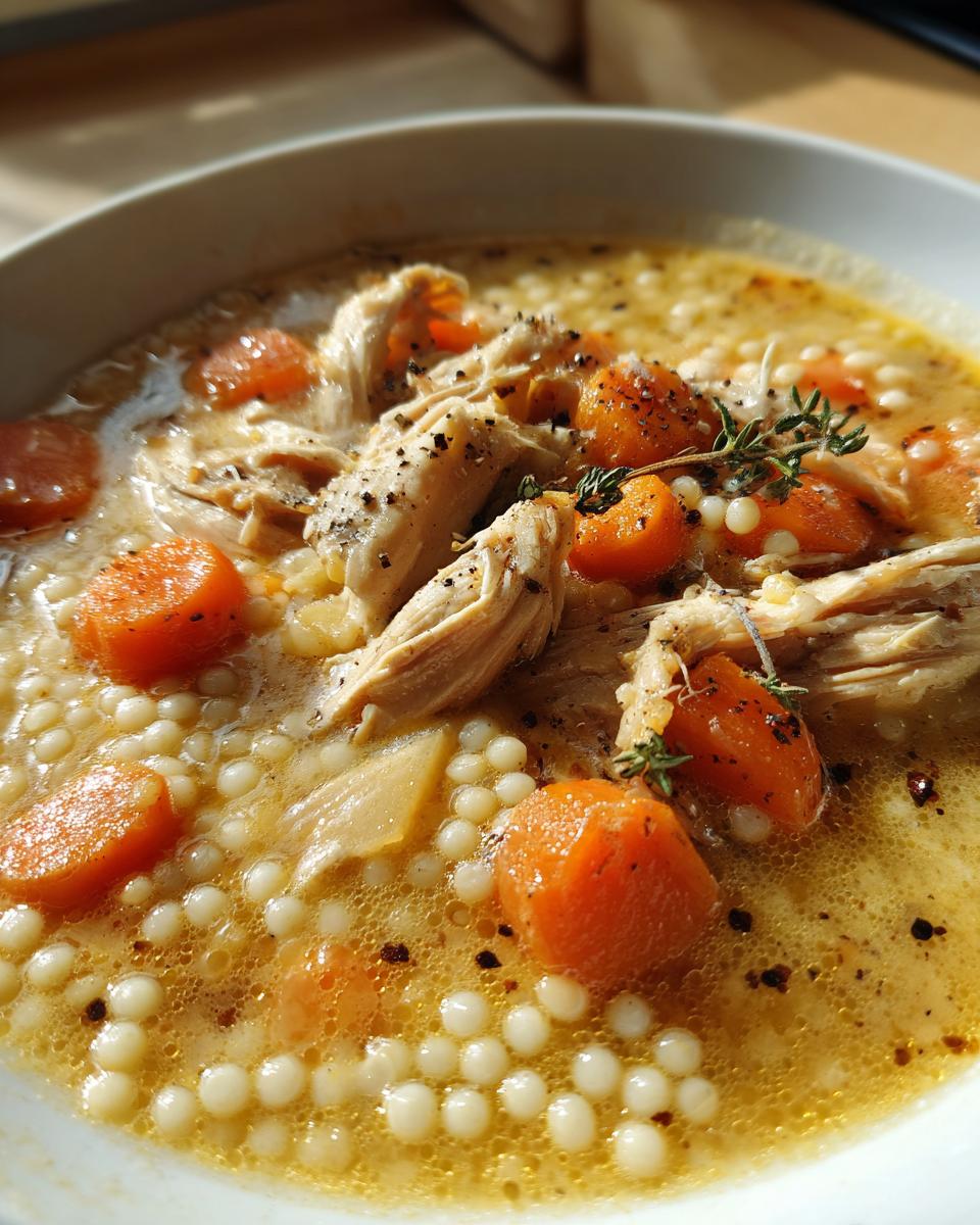 A close-up of a bowl of Creamy Chicken Pearl Couscous Soup, featuring shredded chicken, carrots, and pearl couscous in a rich broth.