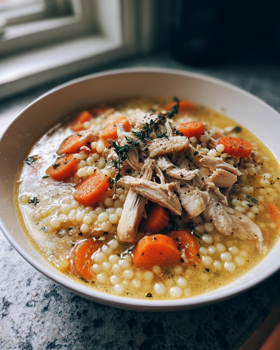 A close-up of a bowl of Creamy Chicken Pearl Couscous Soup, featuring shredded chicken, sliced carrots, and pearl couscous in a savory broth, garnished with herbs.