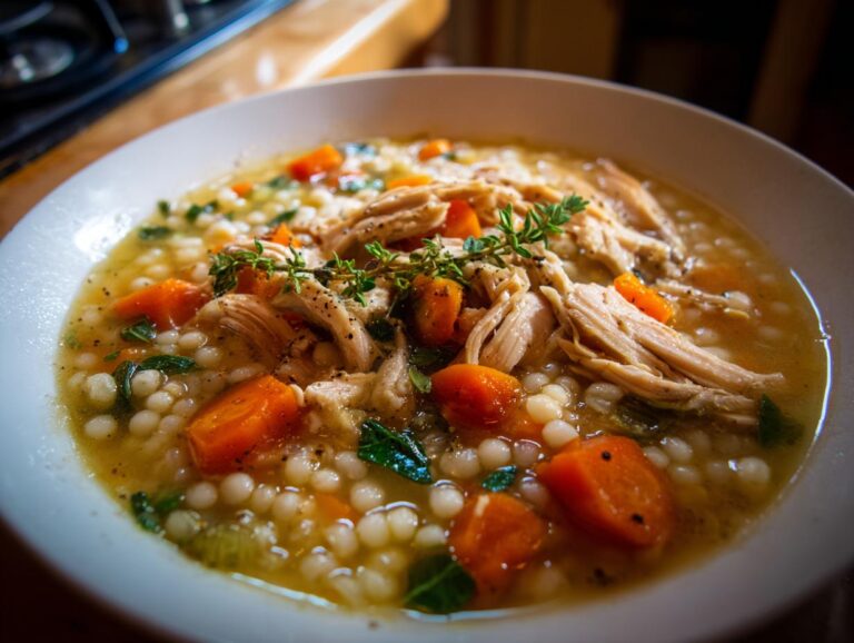 A close-up of a bowl of creamy chicken pearl couscous soup with shredded chicken, carrots, and herbs.
