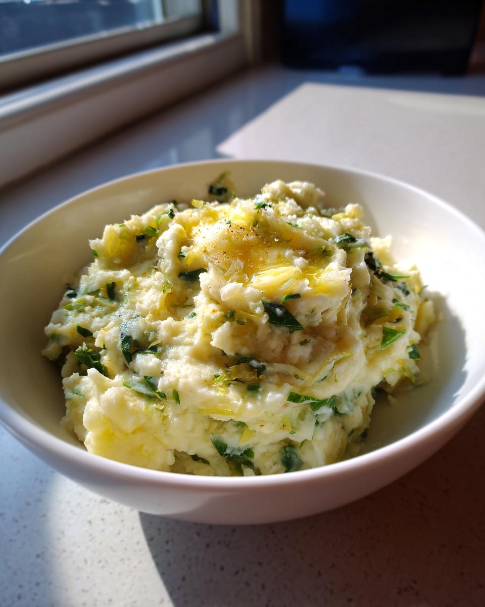 Close-up of creamy colcannon potatoes topped with melted butter and fresh green herbs in a white bowl.