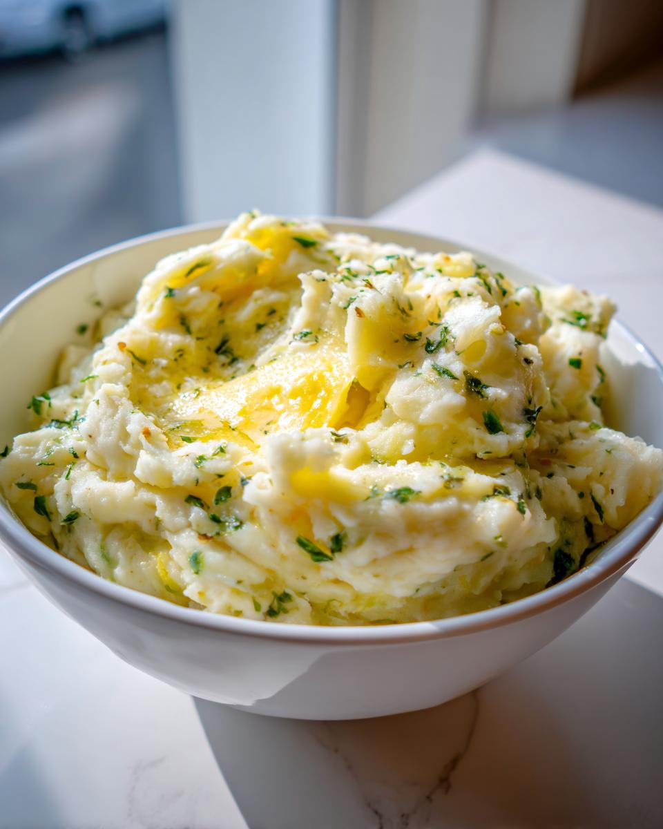A close-up of creamy Colcannon potatoes in a white bowl, topped with melted butter and chopped parsley.