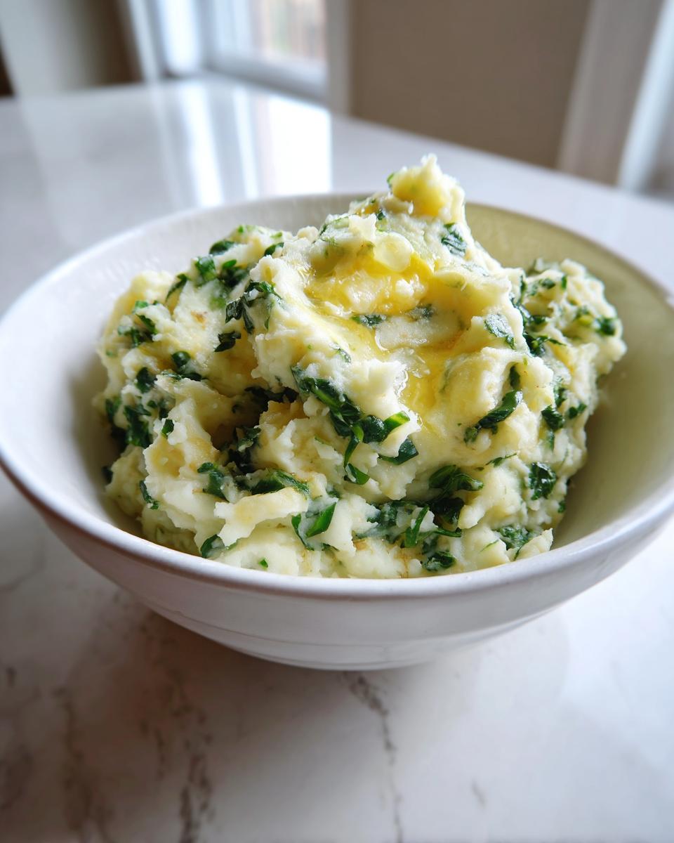 A close-up of creamy Colcannon potatoes mixed with green kale and topped with melted butter.
