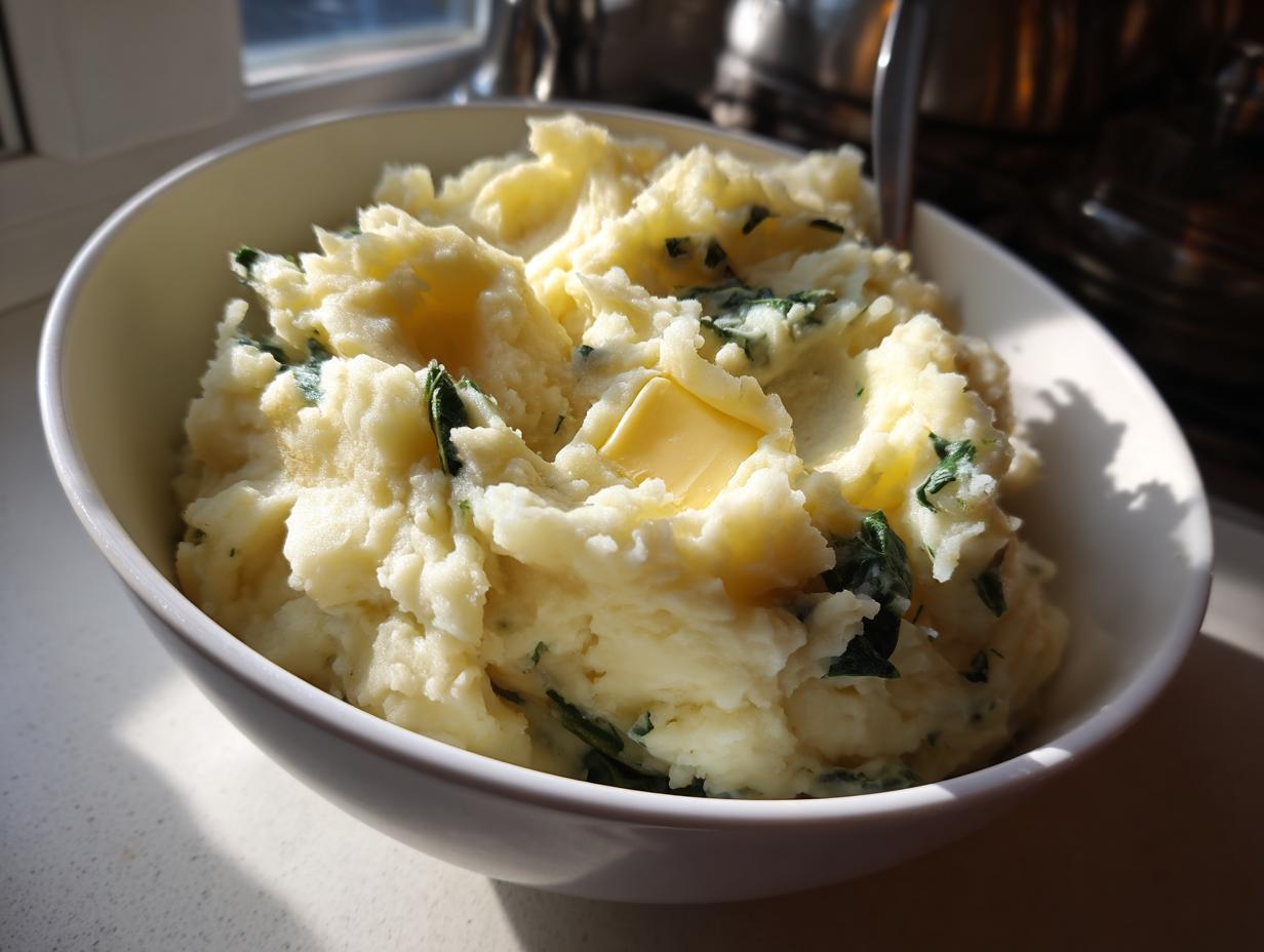 A close-up of creamy colcannon potatoes in a white bowl, topped with a pat of melting butter and flecks of green.