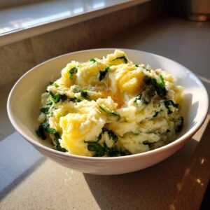 A close-up of creamy colcannon potatoes mixed with spinach, topped with melted butter and a sprinkle of pepper.