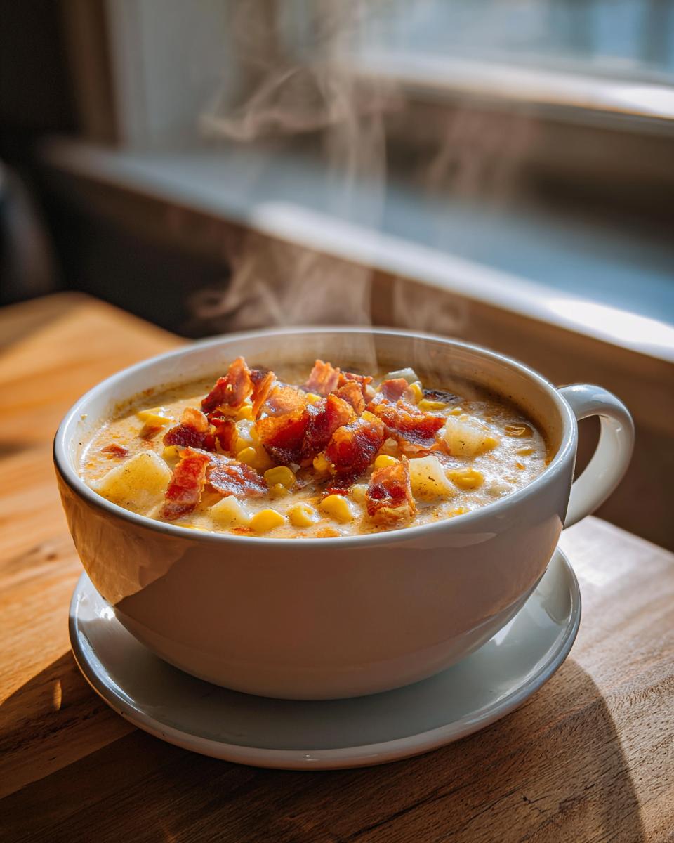 A steaming bowl of creamy corn chowder topped with crispy bacon and potatoes.
