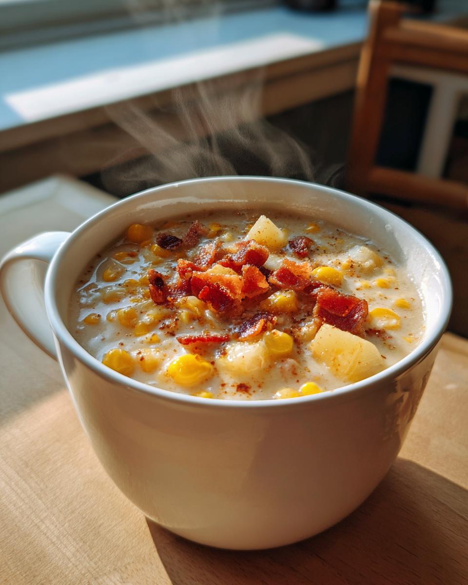 A close-up of a steaming white mug filled with creamy corn chowder, topped with crispy bacon and potatoes.