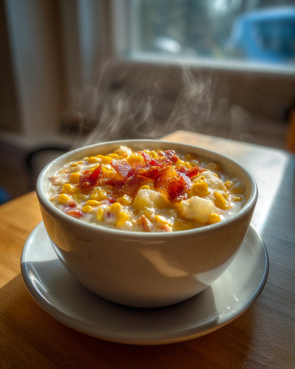 A close-up of a steaming bowl of creamy corn chowder topped with crispy bacon bits.