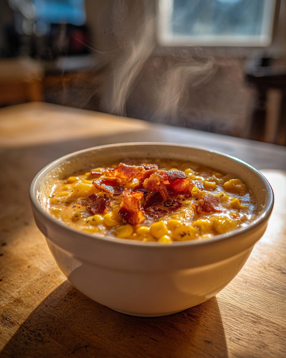 A close-up of a steaming white bowl filled with creamy corn chowder topped with crispy bacon.