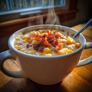 A steaming bowl of creamy corn chowder topped with crispy bacon, ready to be enjoyed.