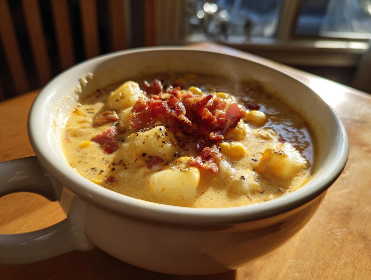 A close-up of a steaming bowl of creamy corn chowder topped with crispy bacon and black pepper.